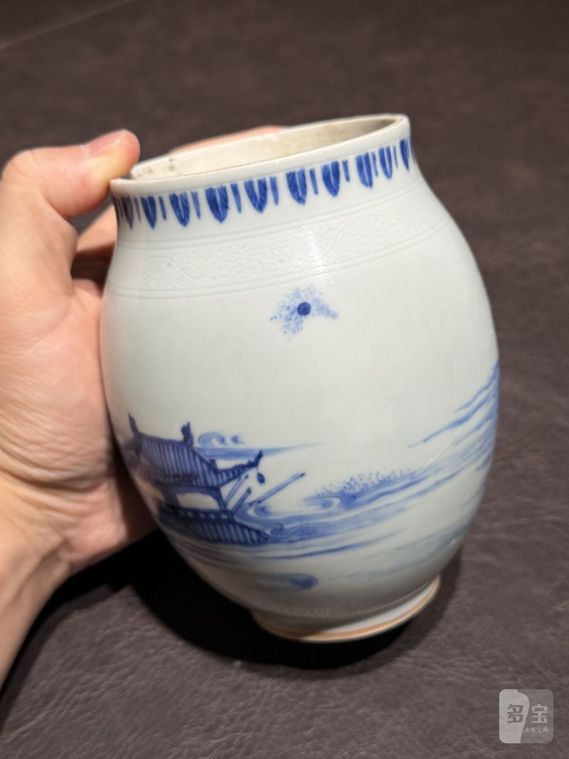 明崇祯 青花“海屋添筹”图莲子罐 - 图14